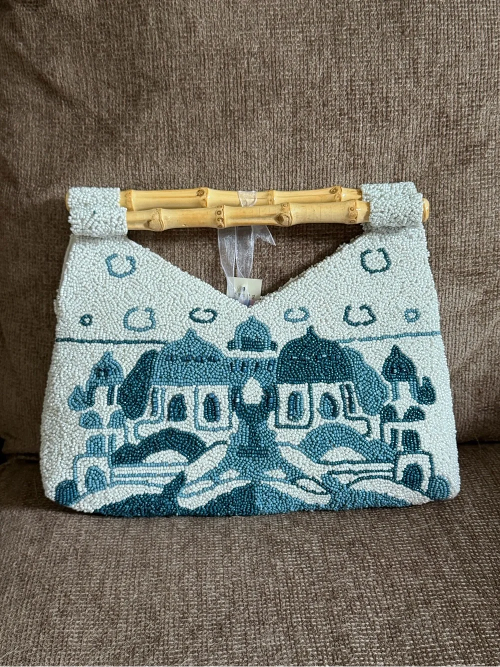 Hand beaded Bag with Bamboo Carrying Handles